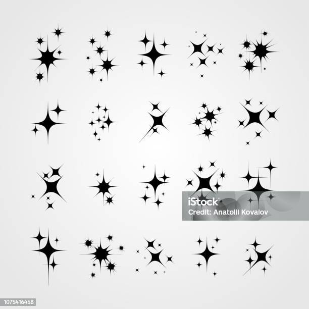 Set Of Star Sparkling And Twinkling Cartoon Black Glittering Star Light Particles Vector Illustration Isolated On White Background Stock Illustration - Download Image Now