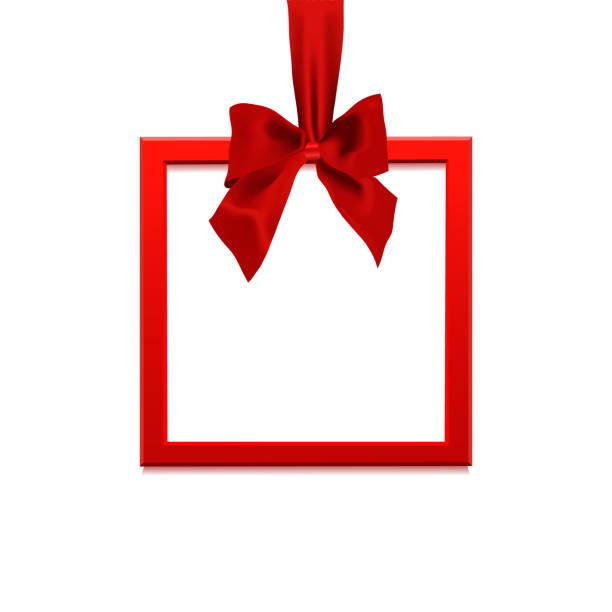 istock Blank, square banner in form of Christmas gift with red ribbon and bow, isolated on white background. Greeting card 1075416460
