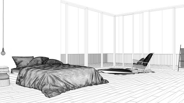 Interior design project, black and white ink sketch, architecture blueprint showing minimalist bedroom with big panoramic window, carpet and armchair, contemporary architecture