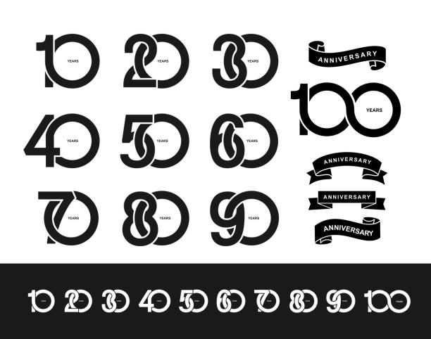 satz von jubiläum piktogramm symbol. flaches design. 10, 20, 30, 40, 50, 60, 70, 80, 90, 100 jahre geburtstag logo label, schwarzen und weißen stempel. vektor-illustration. isoliert auf weißem hintergrund. - einladungskarte grafiken stock-grafiken, -clipart, -cartoons und -symbole