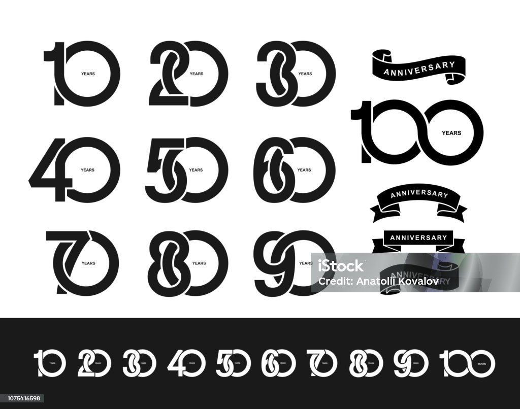 Set of anniversary pictogram icon. Flat design. 10, 20, 30, 40, 50, 60, 70, 80, 90, 100 years birthday logo label, black and white stamp. Vector illustration. Isolated on white background. Logo stock vector