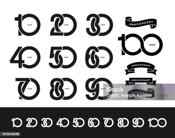 Set Of Anniversary Pictogram Icon Flat Design 10 20 30 40 50 60 70 80 90 100 Years Birthday Logo Label Black And White Stamp Vector Illustration Isolated On White Background Stock Illustration - Download Image Now