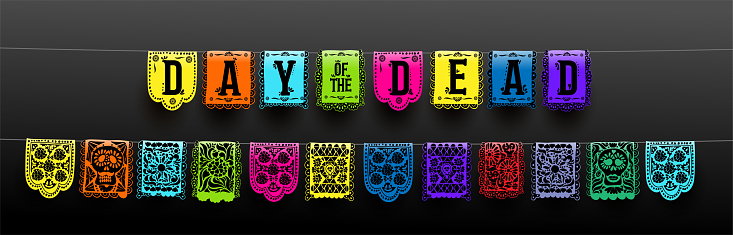 Mexican set of bunting for Day of the Dead. Dia de los Muertos. Hand drawn. For your design horizontal web banner. Vector illustration. Isolated on black background.