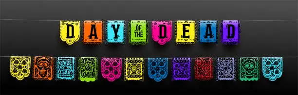 Vector illustration of Mexican set of bunting for Day of the Dead. Dia de los Muertos. Hand drawn. For your design horizontal web banner. Vector illustration. Isolated on black background.