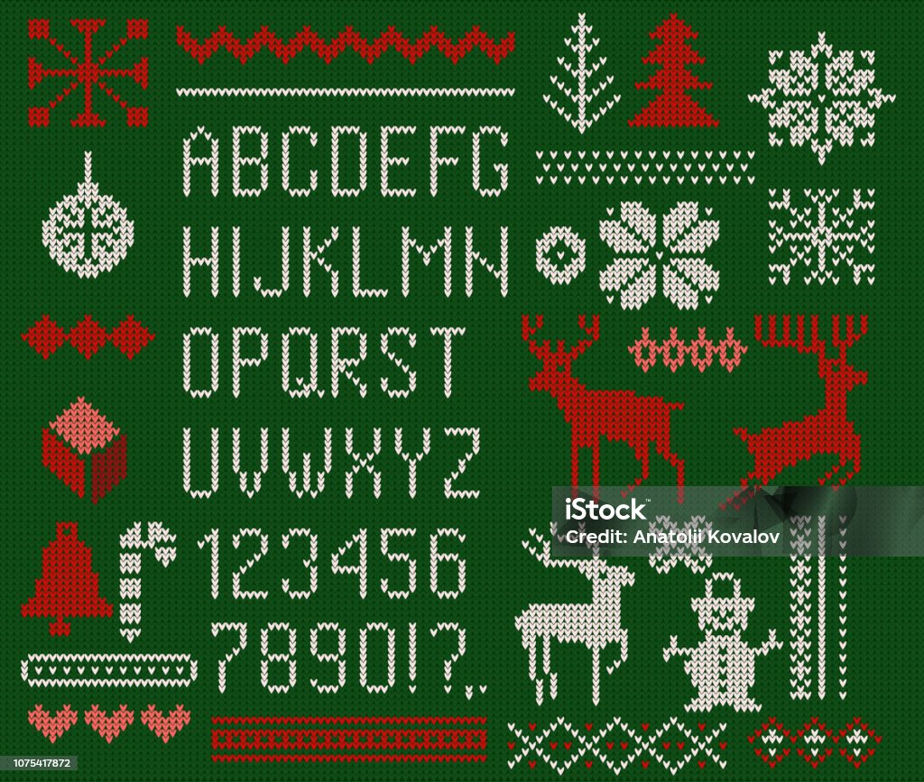 Ensemble de polices tricoté, éléments et bordures pour Noël, nouvel an ou conception d’hiver. Style pull moche. Ornements de chandail pour modèle scandinave. Illustration vectorielle. Isolé sur fond vert. - clipart vectoriel de Noël libre de droits