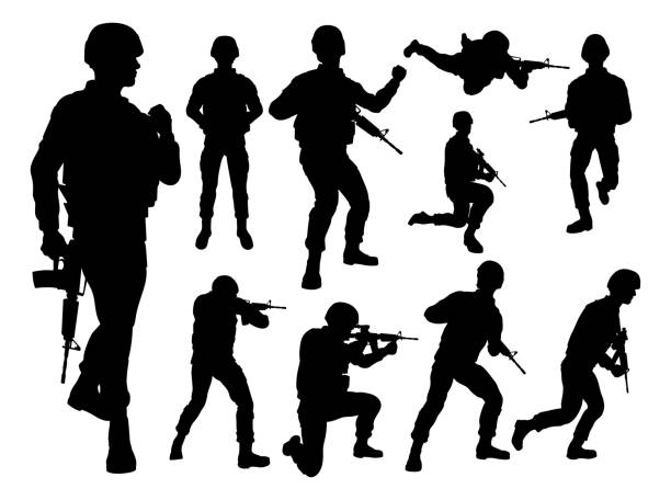 illustrazioni stock, clip art, cartoni animati e icone di tendenza di soldati silhouette - uniforme militare