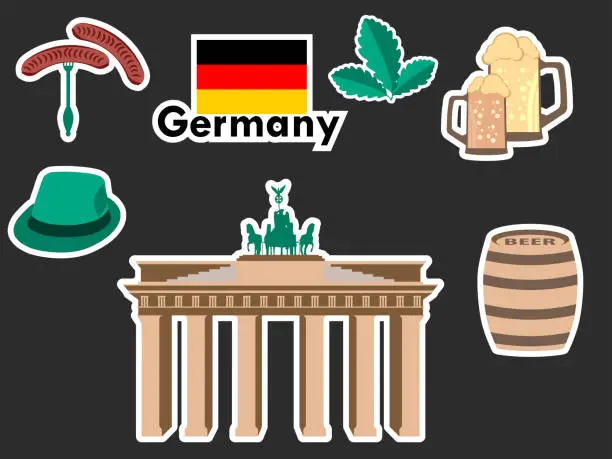 Vector illustration of German stickers, germany symbols, the Brandenburg Gate, beer, oak leaves, Bavarian sausages. Patches elements Germany. Vector