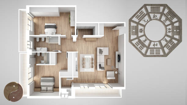 istock Interior design project with feng shui consultancy, home apartment flat plan, top view with bagua and tao symbol, yin and yang polarity, monogram concept background 1075428756