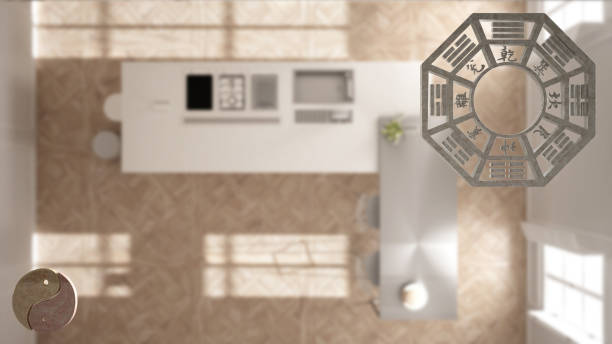istock Interior design project with feng shui consultancy, kitchen plan, top view with bagua and tao symbol, yin and yang polarity, monogram concept background 1075429130