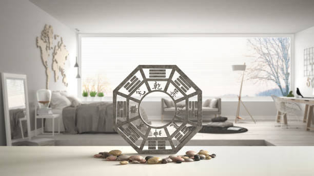 White table shelf with bagua and pebble stone, white scandinavian bedroom with big panoramic window, zen concept interior design, feng shui template idea background stock photo
