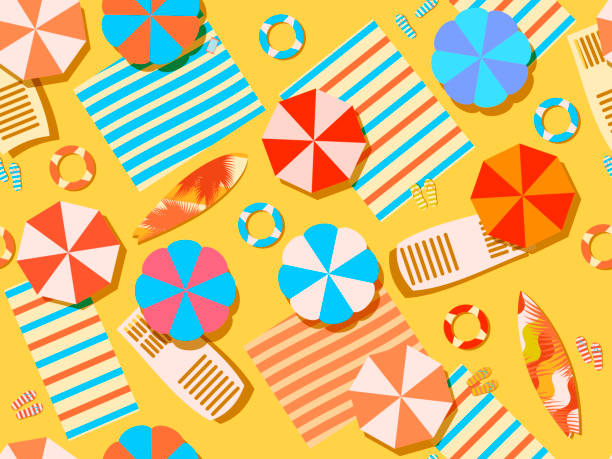 istock Seamless beach, top view. Chaise lounge with umbrella, surfboard, flip-flops and bedspreads. Beach vacation. Vector illustration 1075430254
