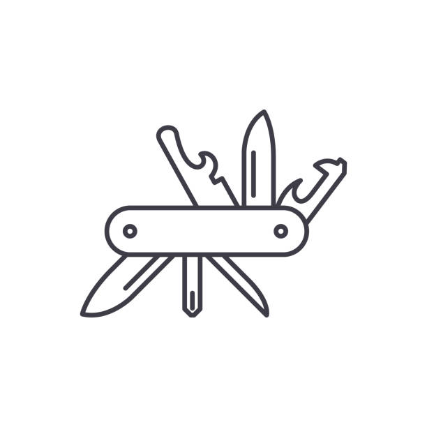 ilustraciones, imágenes clip art, dibujos animados e iconos de stock de multi concepto icono de cuchillo. cuchillo de multi vector ilustración linear, signo, símbolo - afilado ilustraciones