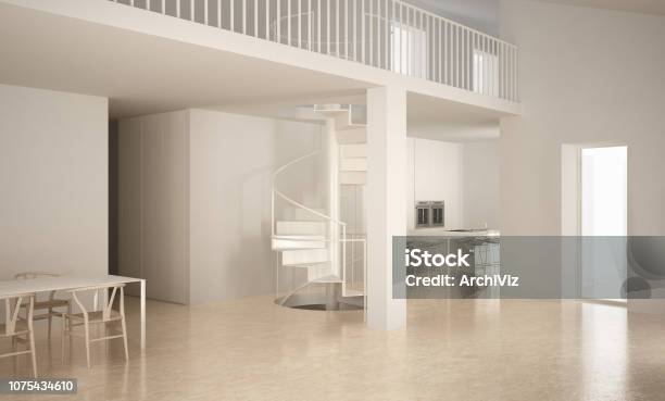 Minimalistic Stair In Modern Empty Space With Kitchen In The Background ...