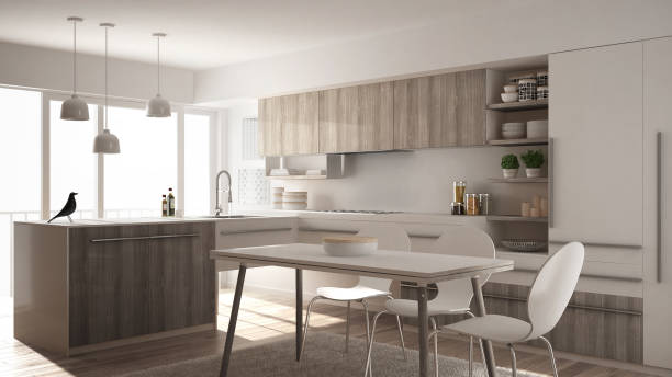 istock Modern minimalistic wooden kitchen with dining table, carpet and panoramic window, white architecture interior design 1075437936