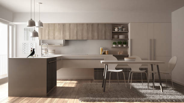 istock Modern minimalistic wooden kitchen with dining table, carpet and panoramic window, white architecture interior design 1075438066