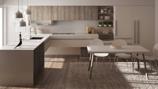 istock Modern minimalistic wooden kitchen with dining table, carpet and panoramic window, white architecture interior design 1075438292