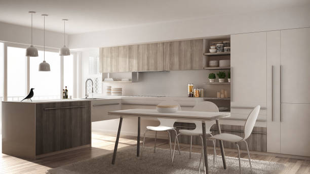 istock Modern minimalistic wooden kitchen with dining table, carpet and panoramic window, white architecture interior design 1075438374