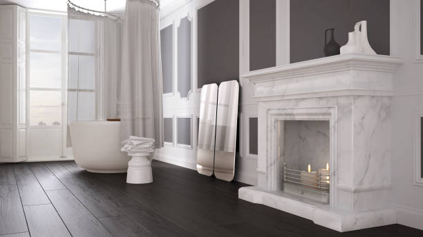 istock Vintage bathroom in classic space with old fireplace and parquet floor, modern interior design 1075439204