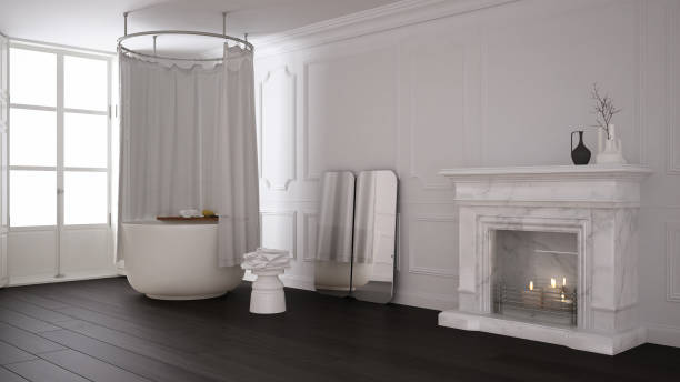istock Vintage bathroom in classic space with old fireplace and parquet floor, modern interior design 1075439298