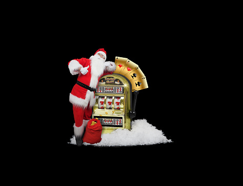 Slots machines and christmas. On a black background. illustration .