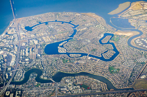 Aerial view of Foster City,  a planned city located in San Mateo County, San Francisco bay, California