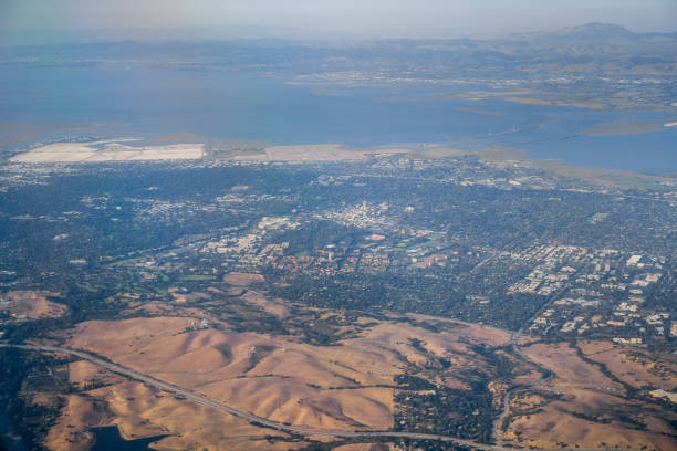 Aerial view of Silicon Valley, San Francisco bay area Aerial view of Silicon Valley towns (Palo Alto, Menlo Park, Redwood City); east bay and Mt Diablo in the background; San Francisco bay area, California redwood city stock pictures, royalty-free photos & images