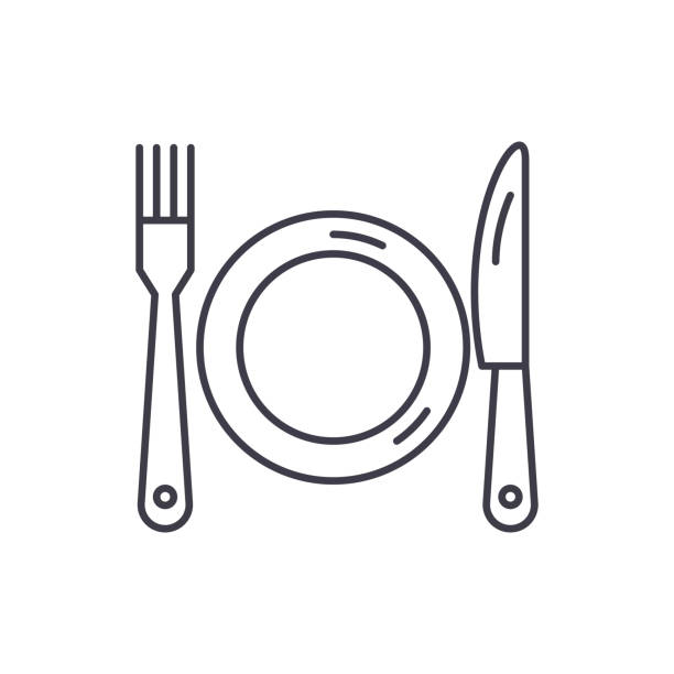 ilustrações de stock, clip art, desenhos animados e ícones de plate, fork and knife line icon concept. plate, fork and knife vector linear illustration, symbol, sign - plate square square shape white