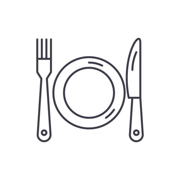Plate, fork and knife line icon concept. Plate, fork and knife vector linear illustration, symbol, sign Plate, fork and knife line icon concept. Plate, fork and knife vector linear illustration, sign, symbol clip art of a forks stock illustrations