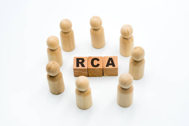 Wooden figures as business team in circle around acronym RCA Root Cause Analysis