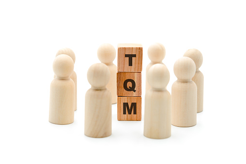 Wooden figures as business team in circle around acronym TQM Total Quality Management, isolated on white background, minimalist concept