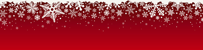 Abstract Christmas top snowflake seamless border red backdrop. Background with white snowflakes and copy space. Vector illustration.