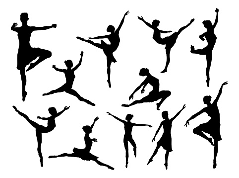 A set of high quality detailed silhouettes of a ballet dancer dancing in various poses and positions