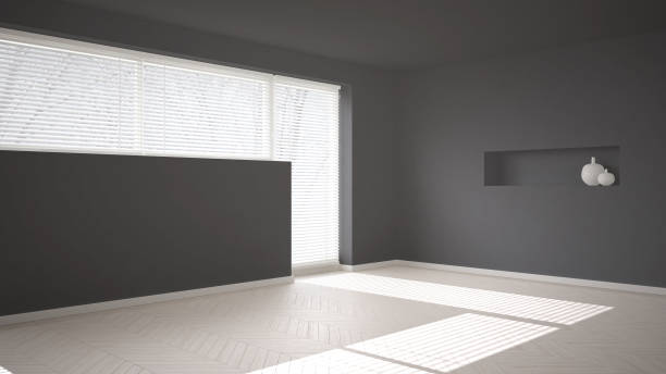 istock Empty room background with herringbone parquet and big window with venetian blind, white and gray modern architecture interior design 1075467744