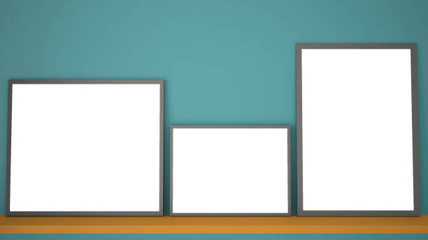 istock Mock up template with copy space, three gray frames on yellow book shelf or desk, blue background idea interior design 1075468530