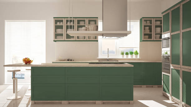 istock Modern wooden and green kitchen with island, stools and windows, parquet herringbone floor, architecture minimalistic interior design 1075469388