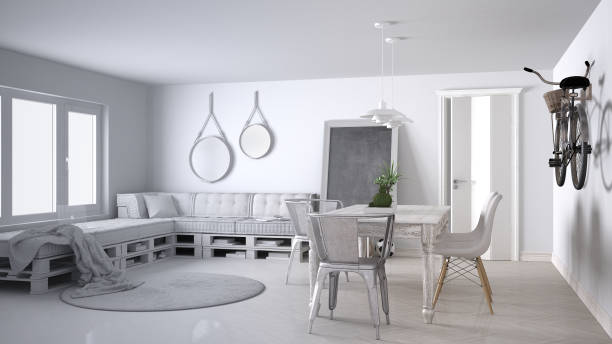 istock Unfinished project draft, scandinavian minimalistic living room with DIY pallet sofa and vintage dining table, contemporary architecture interior design 1075472386