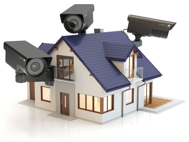 istock 3 security cameras and house, 3D illustration 1075472986