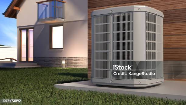 Luftwärmepumpe Und Haus 3d Illustration Stockfoto und mehr Bilder von Wärme - Wärme, Wasserpumpe, Wind