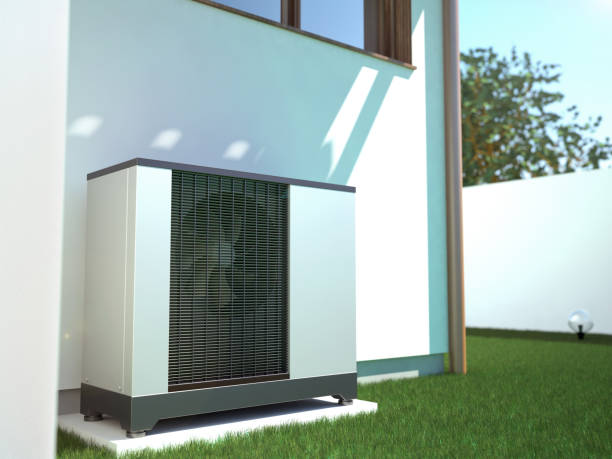 Air heat pump beside house, 3D illustration 3d illustration receiving stock pictures, royalty-free photos & images