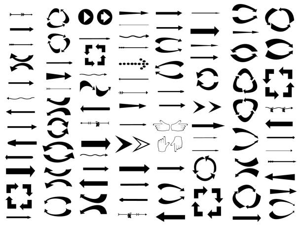 Set of black arrows and arrow-shaped elements. Vector illustration of arrows. Set of black arrows and arrow-shaped elements. Vector illustration. right arrow stock illustrations