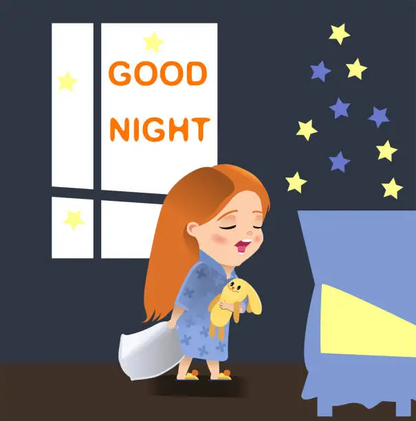Vector illustration of Girl with a plush hare goes to bed