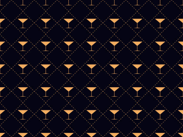 ilustraciones, imágenes clip art, dibujos animados e iconos de stock de art deco de patrones sin fisuras con una copa de martini. estilo coctel de alcohol de la década de los años 1920-1930. para invitaciones, folletos y tarjetas de felicitación. ilustración de vector - martini