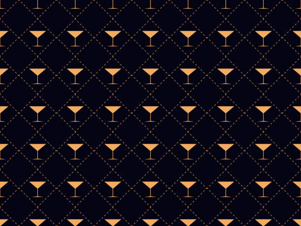 art deco bezszwowy wzór z kieliszkiem martini. alkoholowy koktajl w latach 20- tych - 30- tych. na zaproszenia, ulotki i kartki z życzeniami. ilustracja wektorowa - whisky alcohol glass party stock illustrations