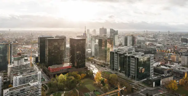 Skyline during sunrise and view on skyscrapers