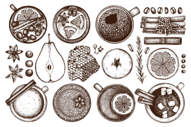 коллекция зимних напитков - coffee alcohol wine chocolate stock illustrations