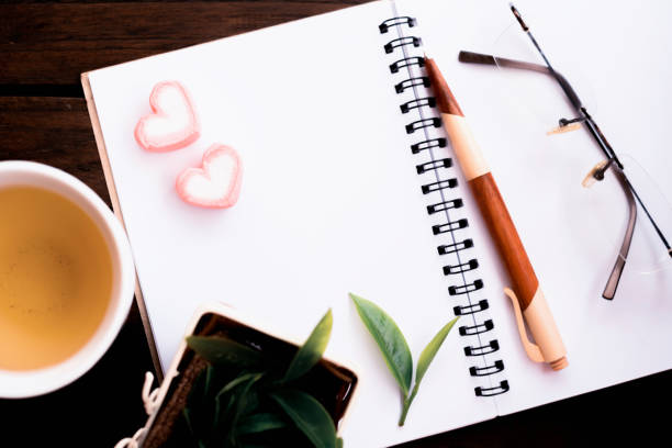 istock hot green tea , healthy fresh drink. copy space on white paper note book. 1075485400