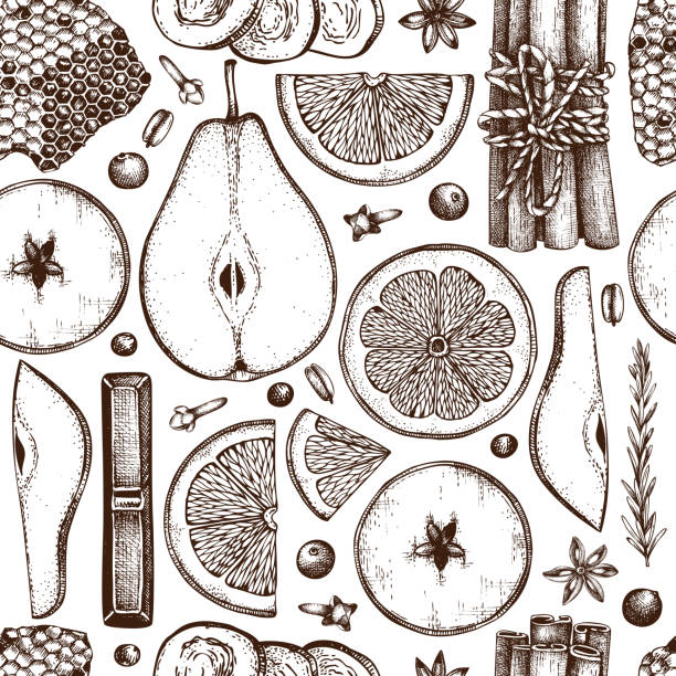ilustrações de stock, clip art, desenhos animados e ícones de winter drinks pattern - dried apple