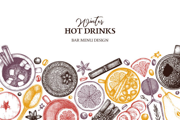 ilustraciones, imágenes clip art, dibujos animados e iconos de stock de bebidas de invierno diseño - mulled wine christmas tea heat