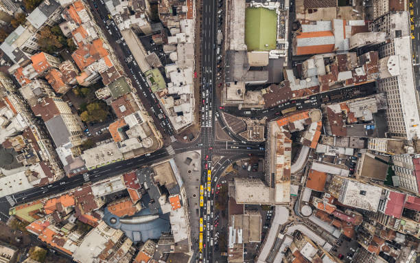 istock Top view of streets with car traffic 1075491940