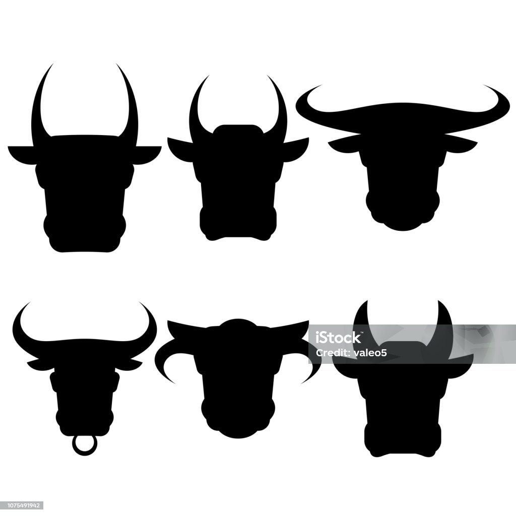 Set of Bull and Cow Heads Silhouettes Isolated on White Background Texas Longhorn Cattle stock vector